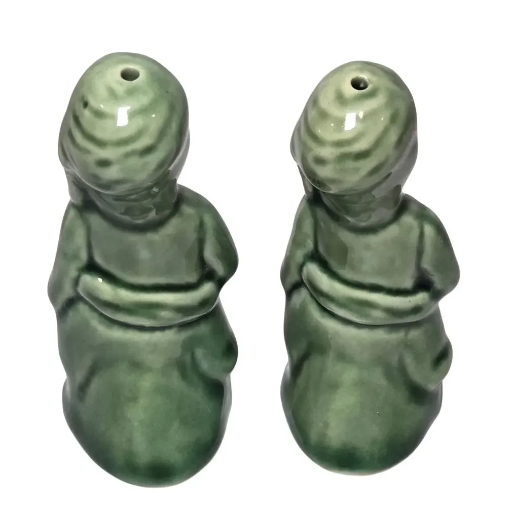 Vintage MCM Green Pirate Salt & Pepper Shakers Ceramic Figural Pair